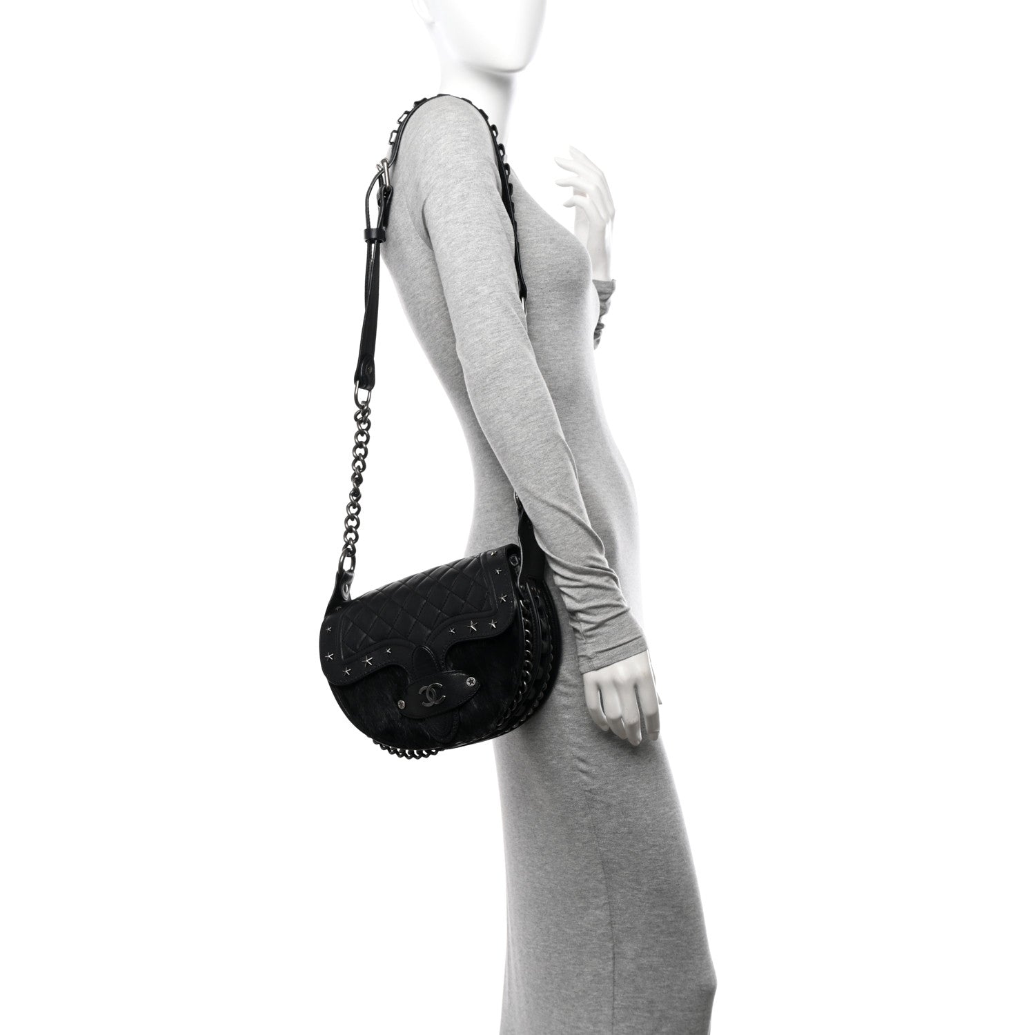 Chanel Pony Hair Calfskin Quilted Dallas Studded Saddle Bag Black 2 of 13