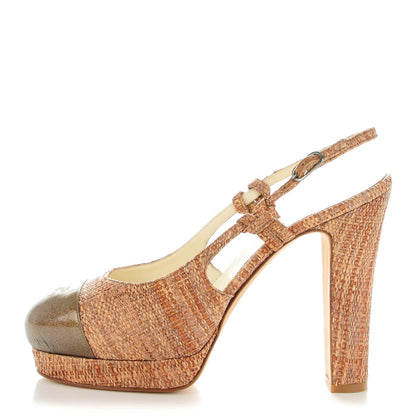 Chanel Raffia Patent Cap Toe CC Slingback Pumps 40 Light Brown 1 of 9