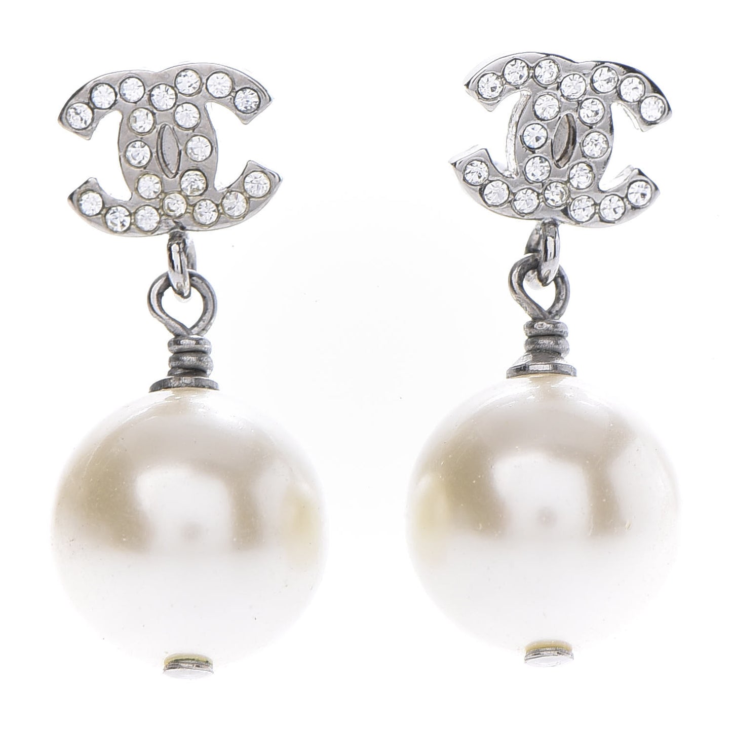 Crystal Pearl CC Drop Earrings Silver