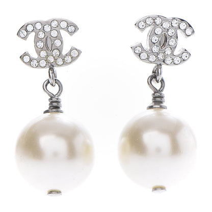 Chanel Crystal Pearl CC Drop Earrings Silver 1 of 4