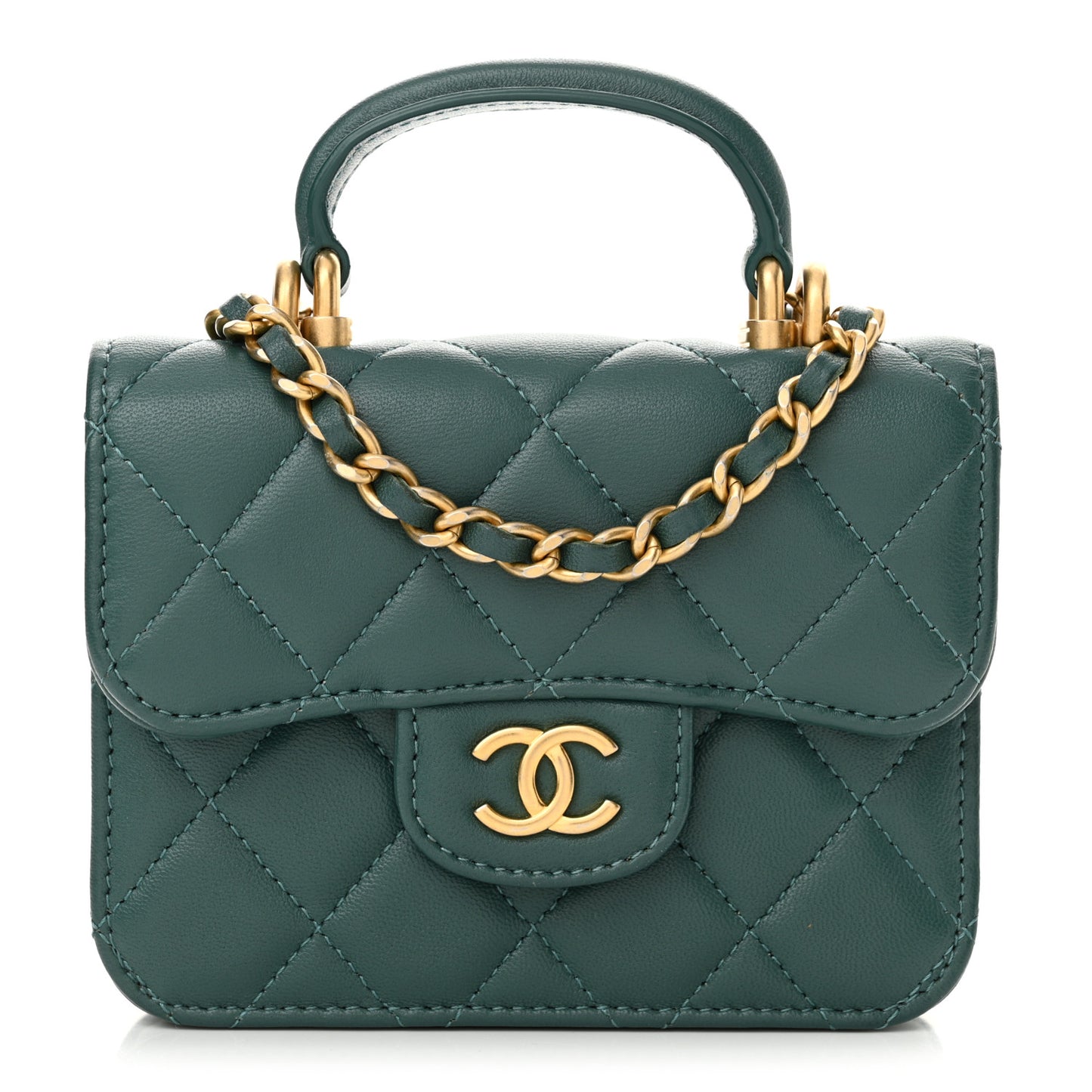 Lambskin Quilted Top Handle Flap Coin Purse With Chain Green