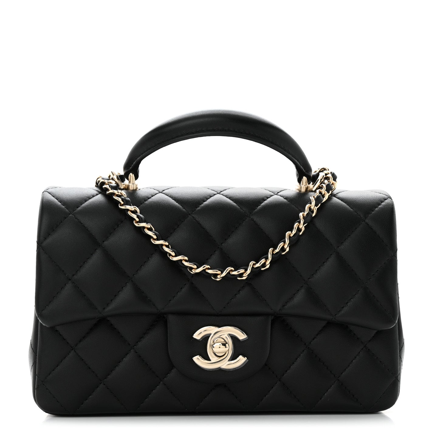 Lambskin Quilted Mini Top Handle Rectangular Flap Black