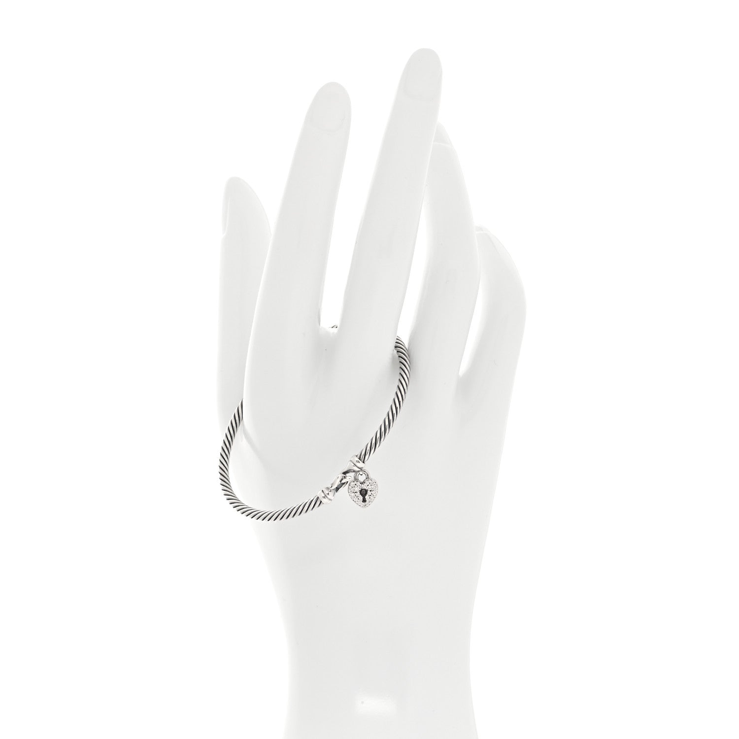 David Yurman Sterling Silver Diamond Heart Padlock Cable Bracelet 2 of 5