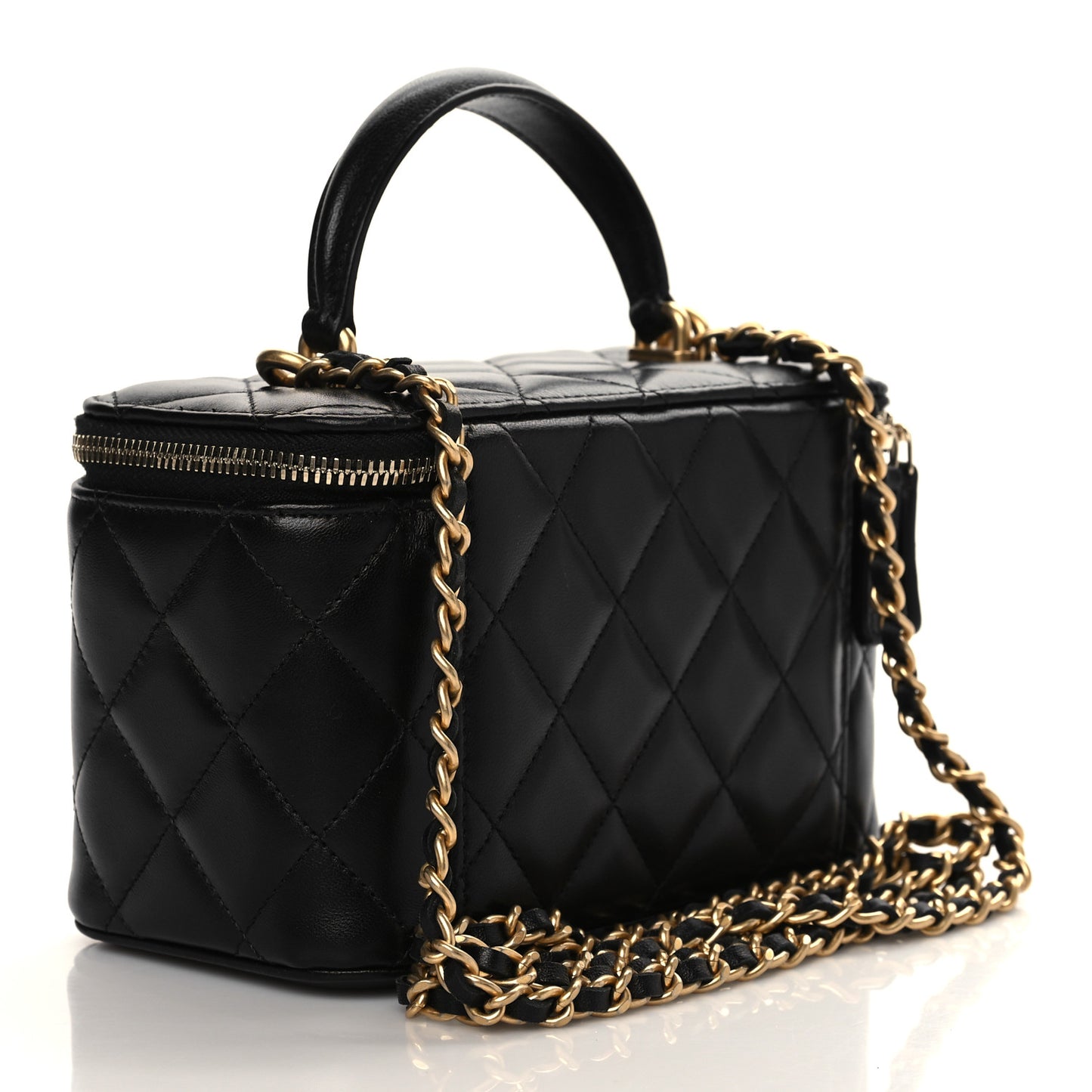 Lambskin Quilted Small Top Handle Vanity Case With Chain Black