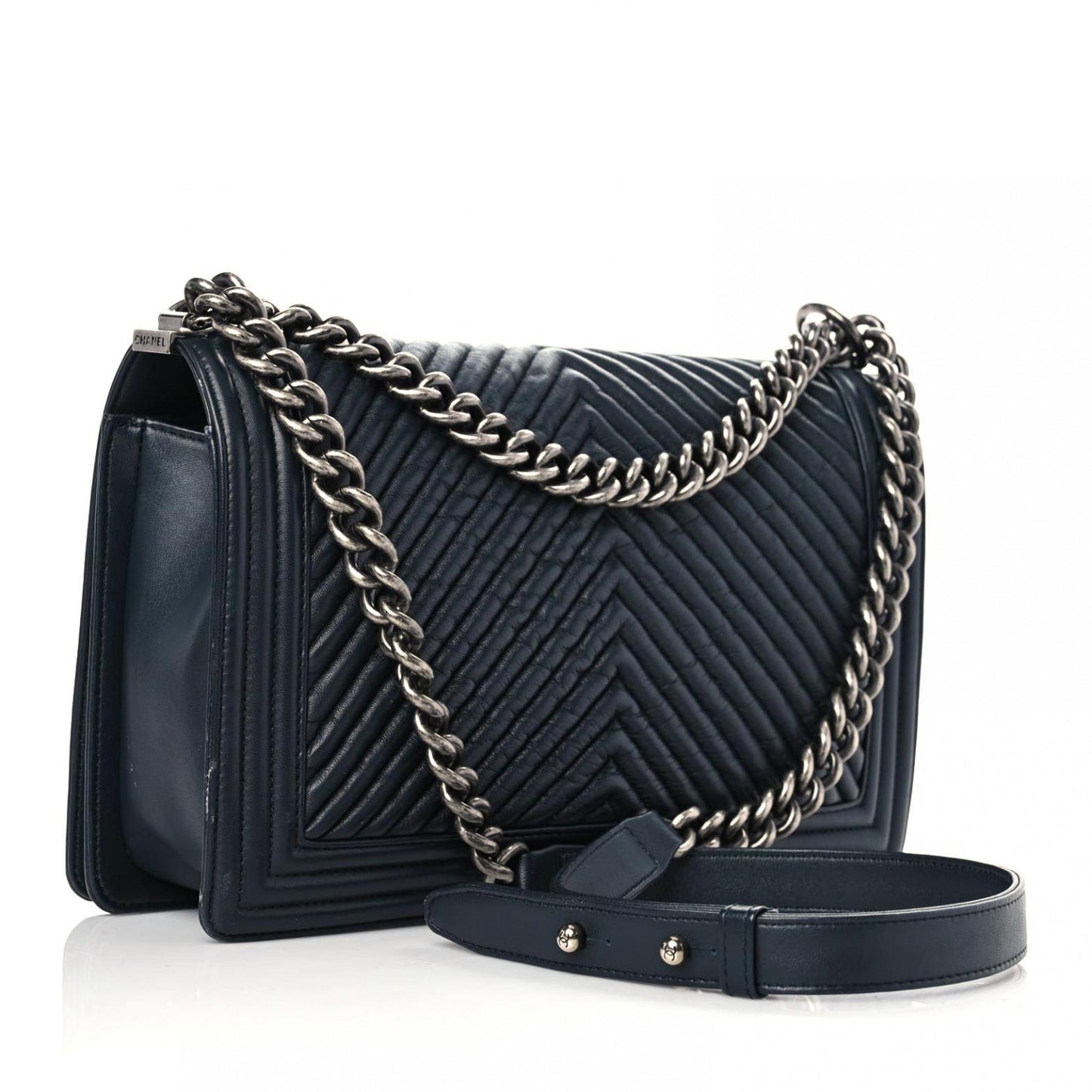 Wrinkled Lambskin Chevron Quilted New Medium Boy Flap Navy Blue