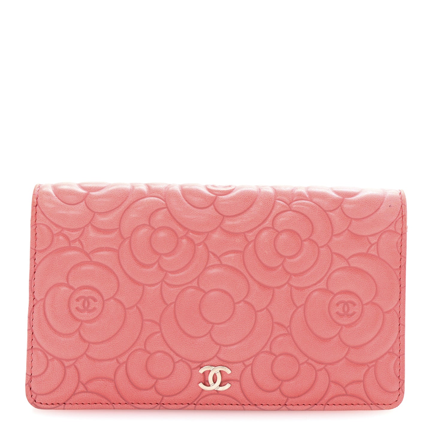 Lambskin Camellia Embossed Yen Wallet Pink
