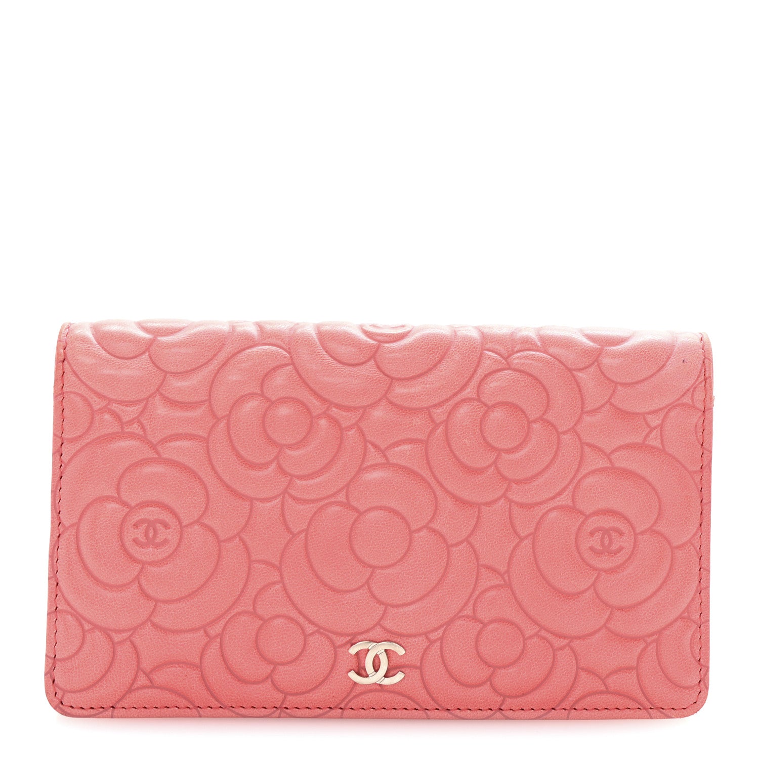 Chanel Lambskin Camellia Embossed Yen Wallet Pink 1 of 9
