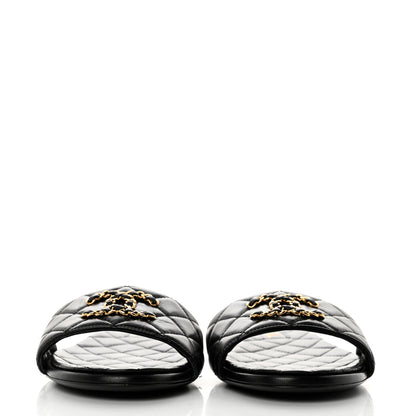 Chanel Shiny Goatskin Quilted CC Mules Sandals 40 Black 2 of 9