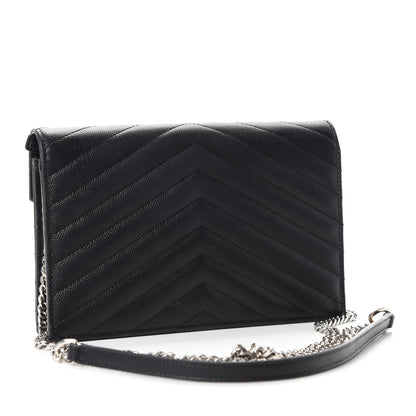 Saint Laurent Grain De Poudre Matelasse Chevron Monogram Envelope Chain Wallet Black 3 of 11