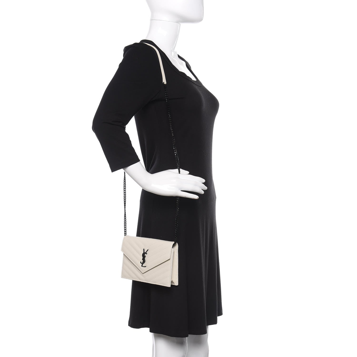 Saint Laurent Grain De Poudre Matelasse Chevron Monogram Envelope Chain Wallet Dove White 2 of 9