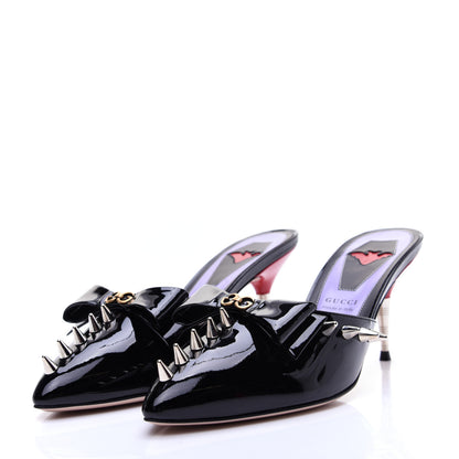 Gucci Patent GG Bow Sadie Spike Mid Heel Mules 38.5 Black 4 of 13