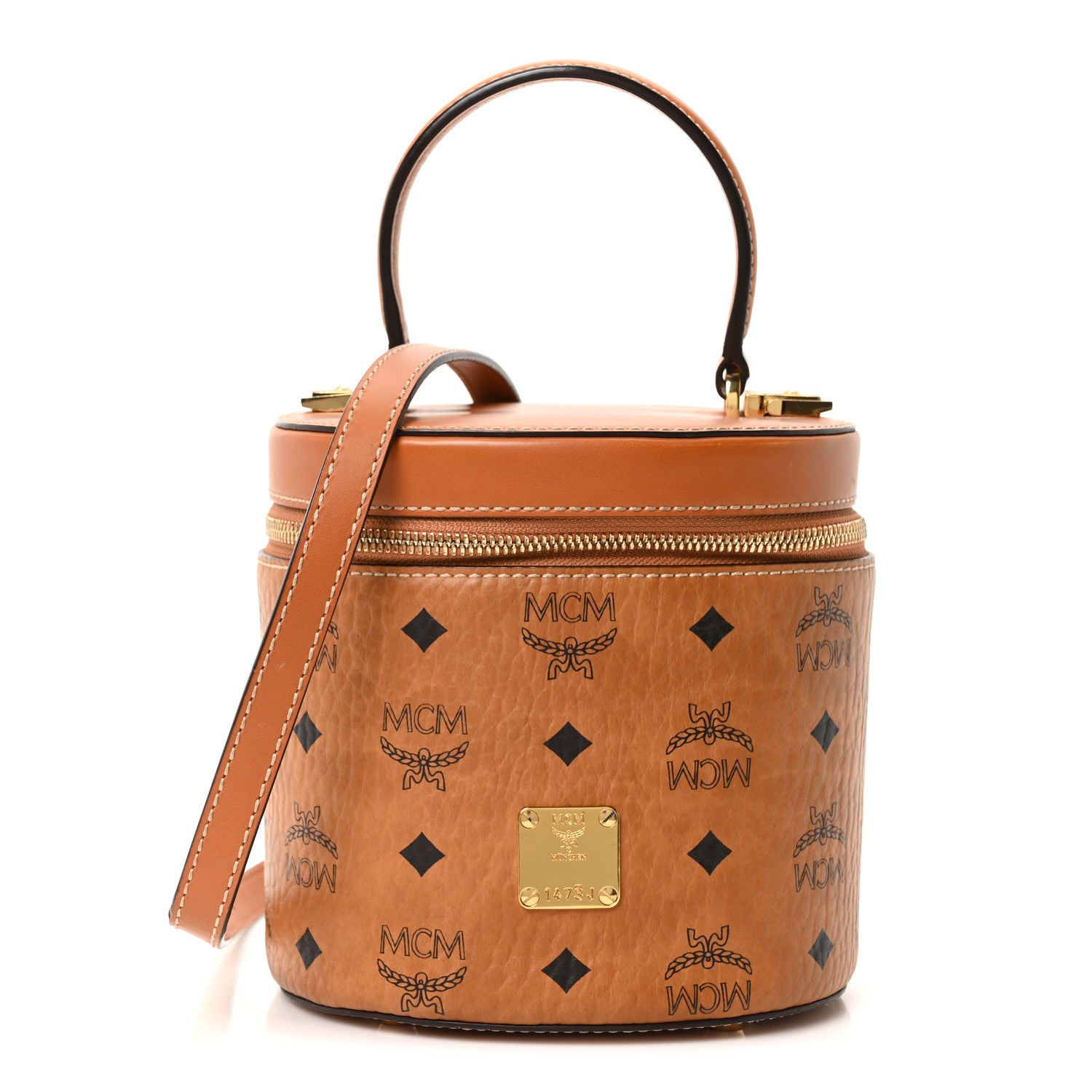 MCM Visetos Small Cylinder Crossbody Bag Cognac 1 of 10
