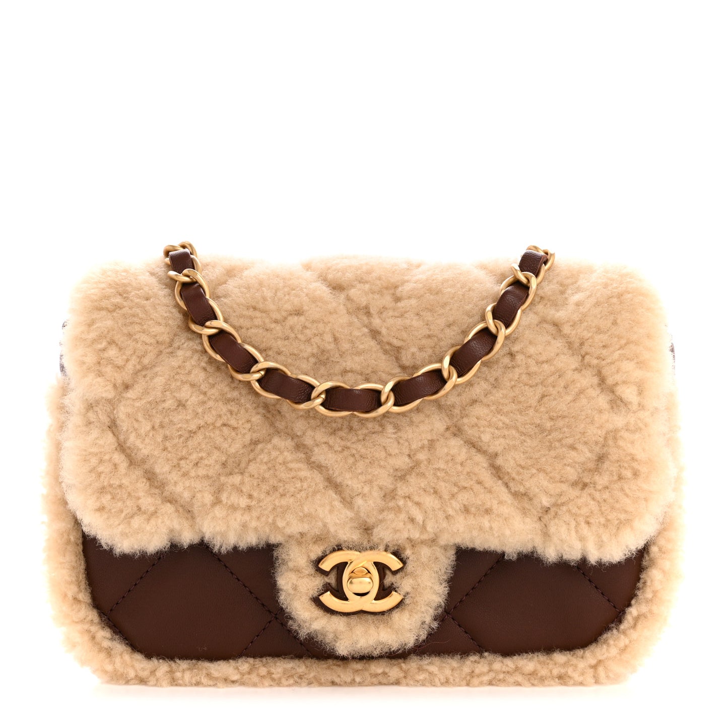 Shearling Lambskin Quilted Mini Furry Coco Flap Beige Dark Brown