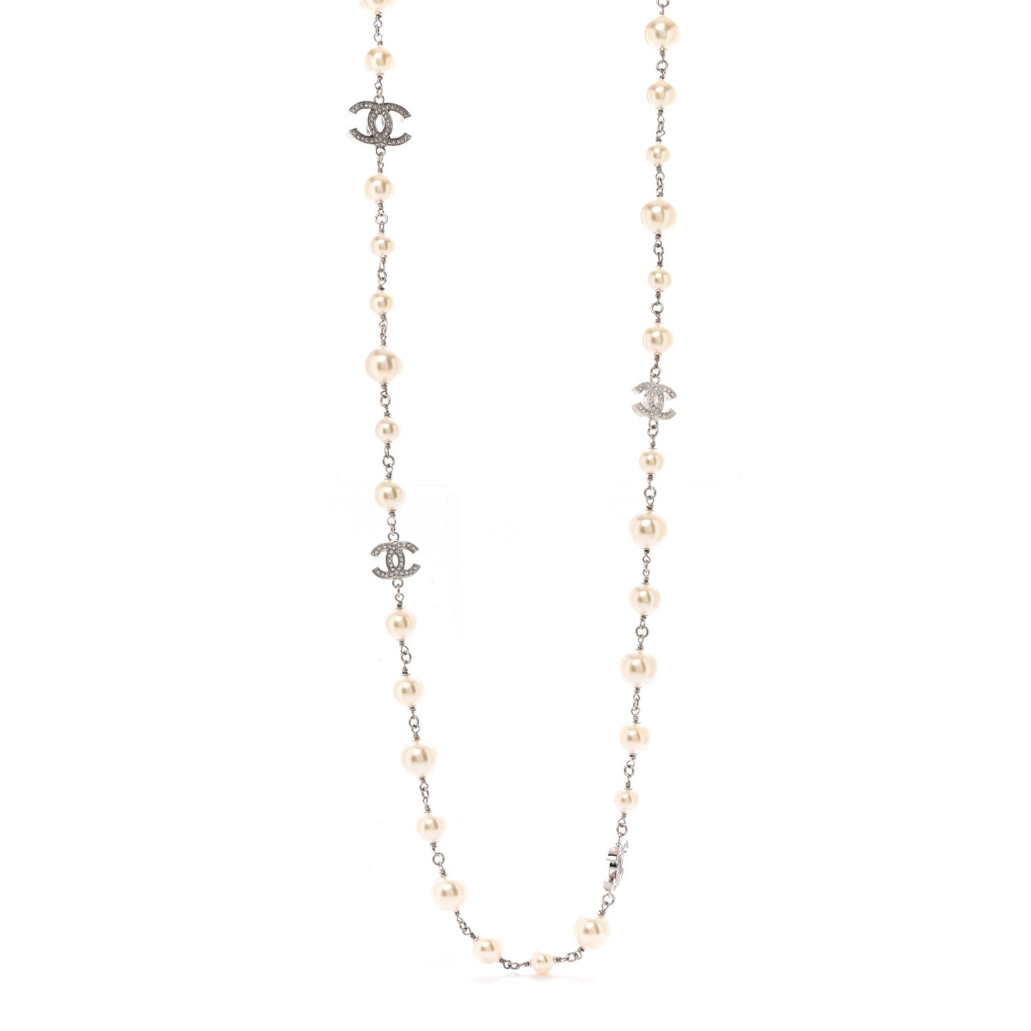 Crystal Pearl CC Long Necklace Silver
