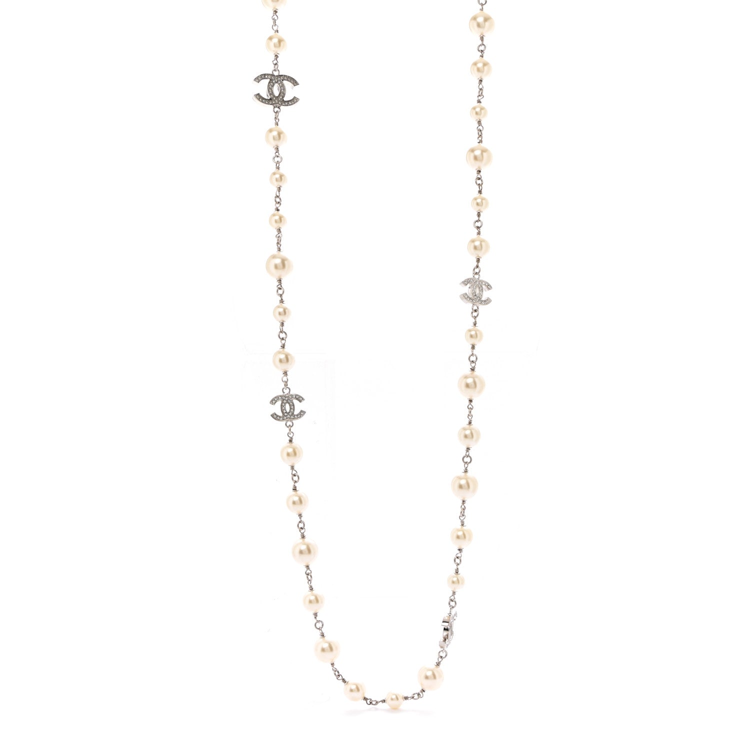 Chanel Crystal Pearl CC Long Necklace Silver 1 of 7
