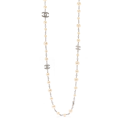 Chanel Crystal Pearl CC Long Necklace Silver 1 of 7