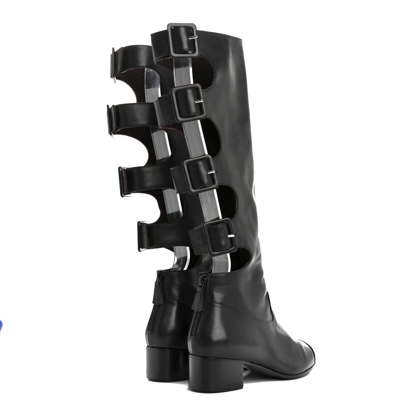 Lambskin Patent Cut Out Buckle Cap Toe Knee High Boots 35.5 Black
