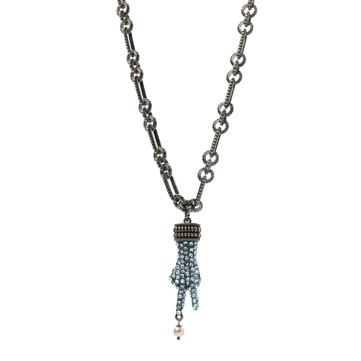 Gucci Crystal Hand Pendant Necklace Blue Aged Silver 1 of 5
