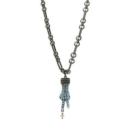 Gucci Crystal Hand Pendant Necklace Blue Aged Silver 1 of 5
