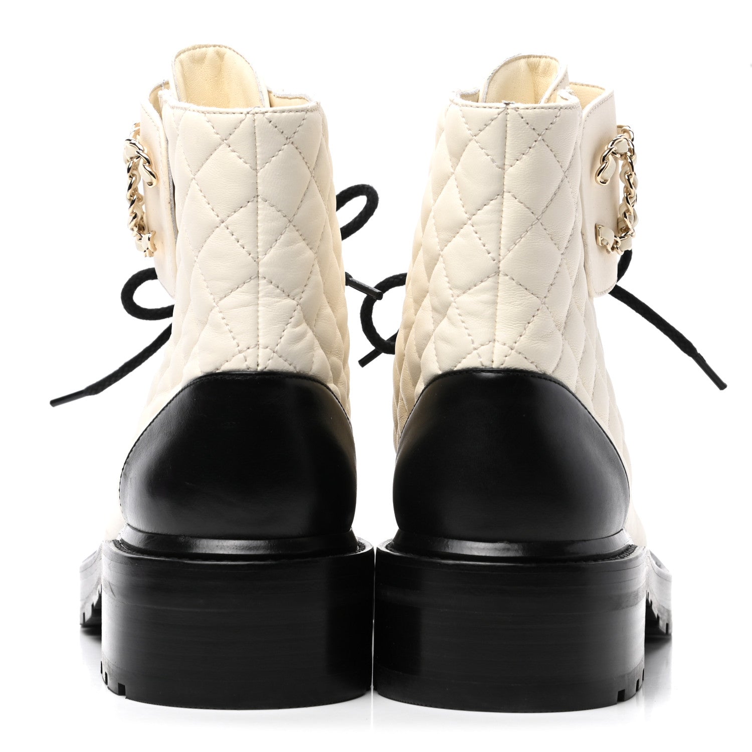 Chanel Shiny Goatskin Calfskin Quilted Lace Up Combat Boots 38 Ivory Black 4 of 9