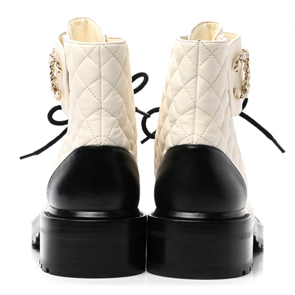 Chanel Shiny Goatskin Calfskin Quilted Lace Up Combat Boots 38 Ivory Black 4 of 9