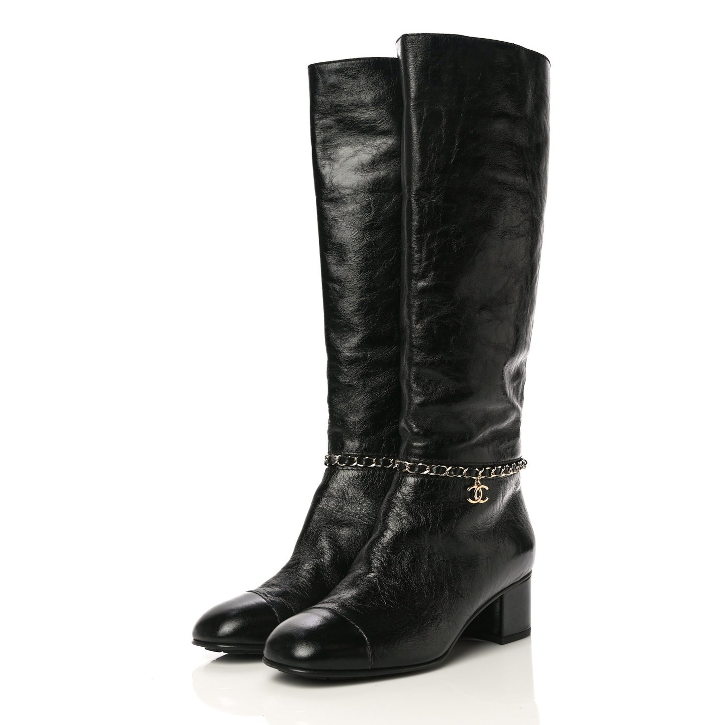 Crumpled Calfskin Cap Toe Chain Boots 37.5 Black