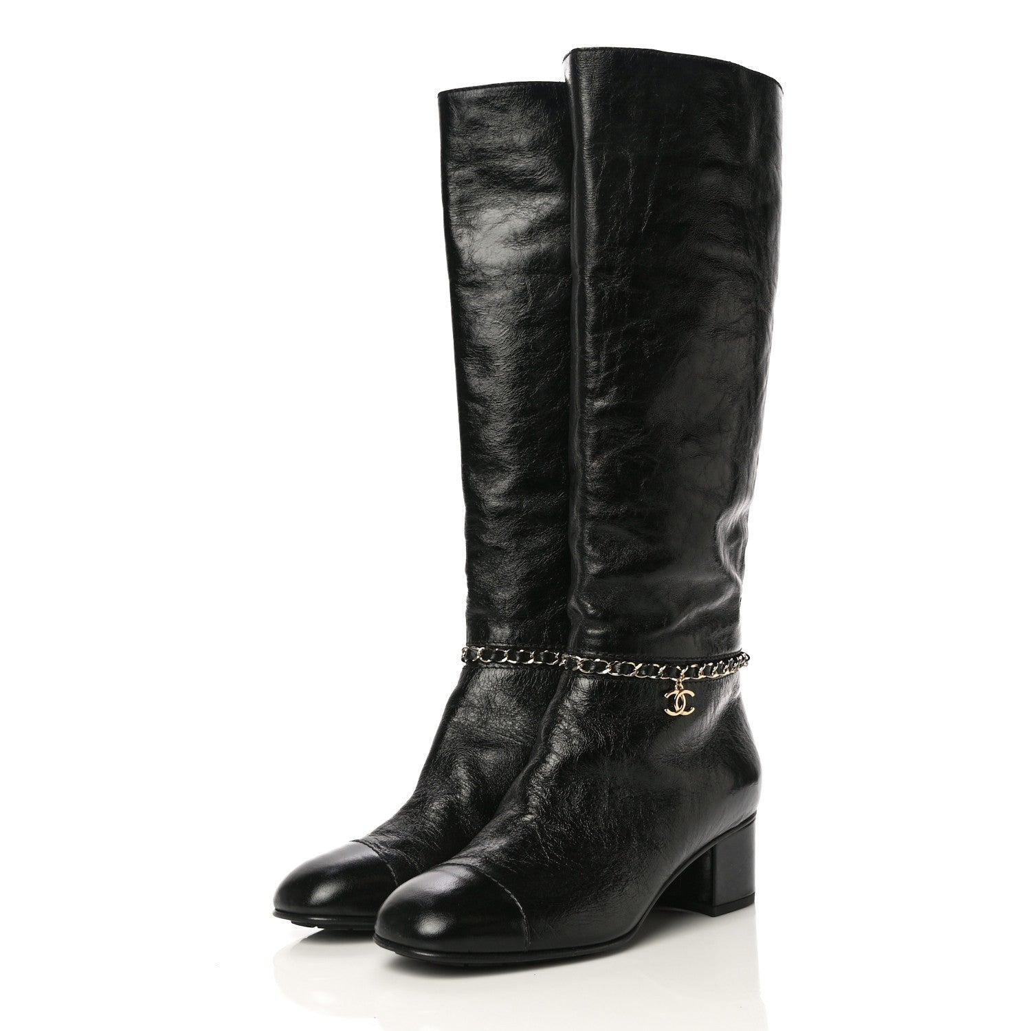 Chanel Crumpled Calfskin Cap Toe Chain Boots 37.5 Black 4 of 8