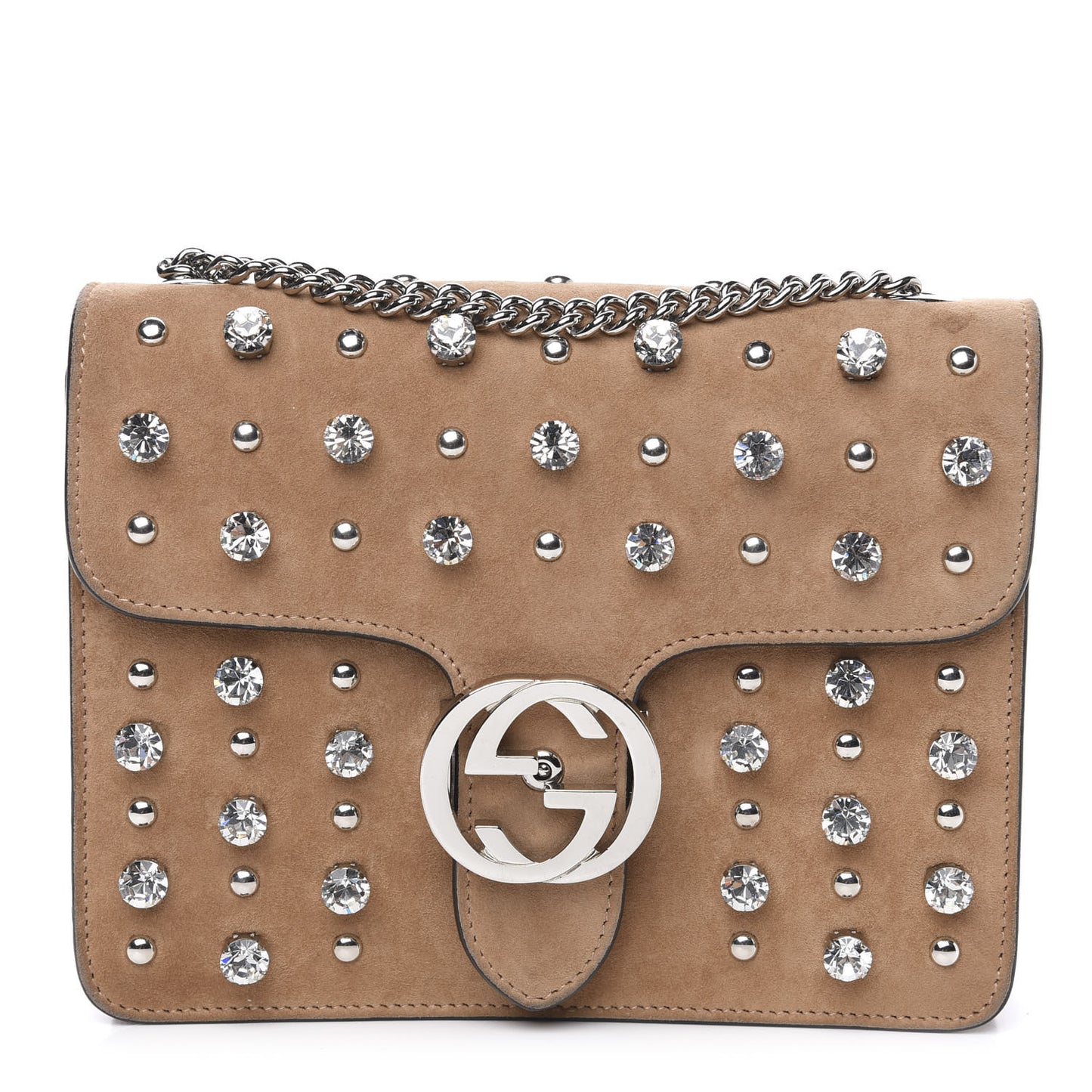 Suede Crystal Small Interlocking G Shoulder Bag Taupe