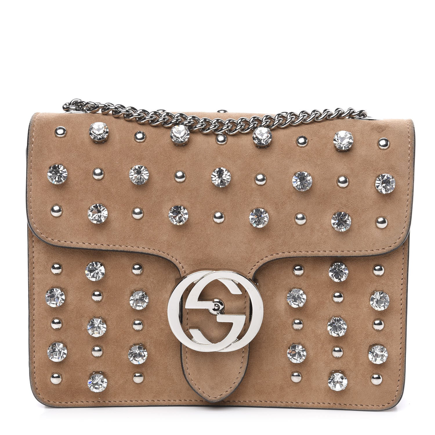 Gucci Suede Crystal Small Interlocking G Shoulder Bag Taupe 1 of 11