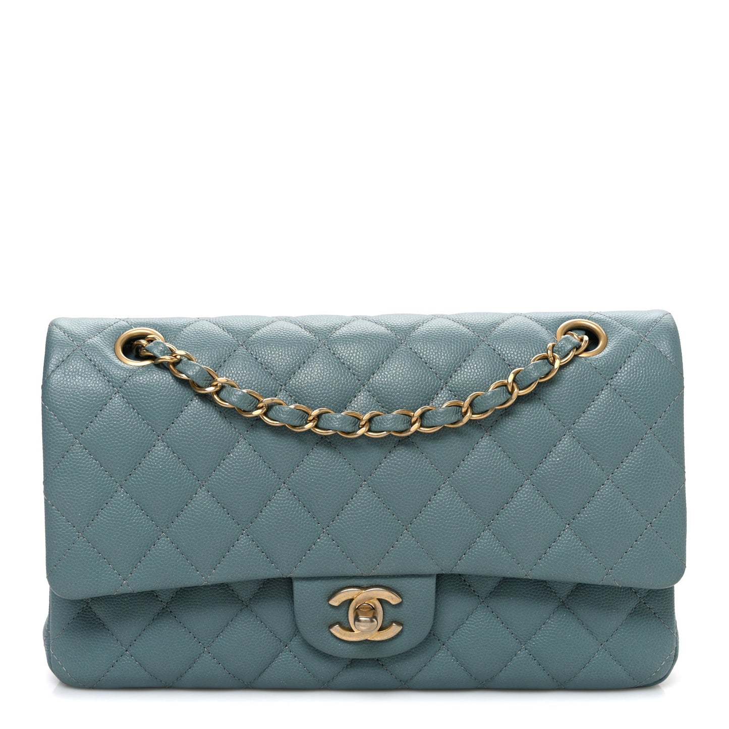 Iridescent Caviar Quilted Medium Double Flap Light Blue
