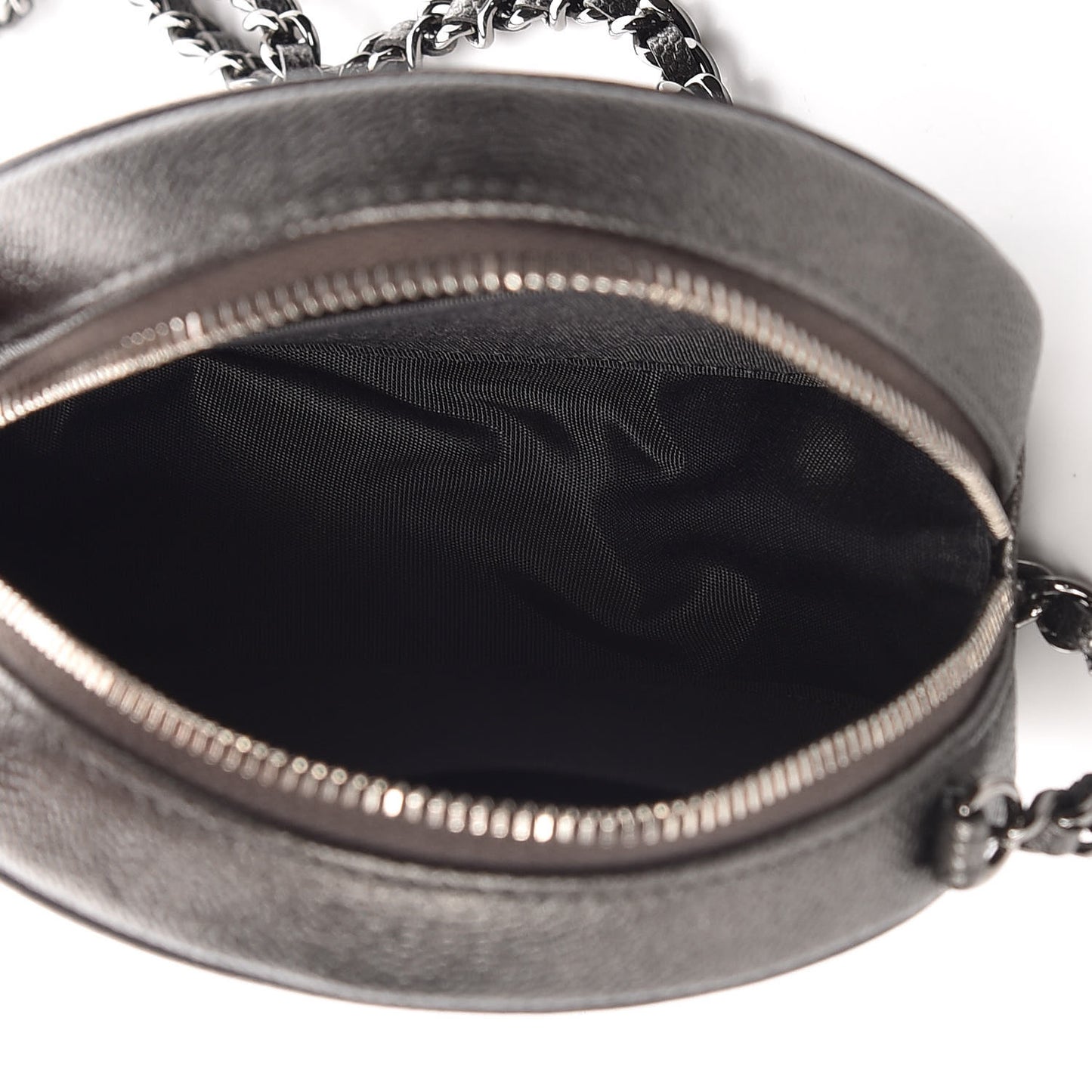 Metallic Caviar Quilted Round Filigree Crossbody Dark Silver
