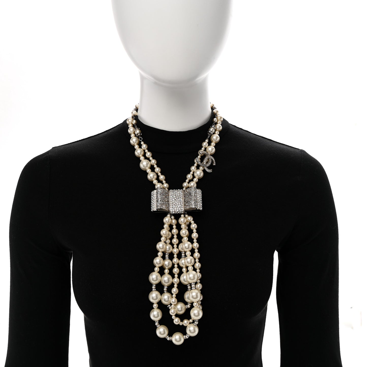 Pearl Crystal CC Bow Lavalier Necklace Silver