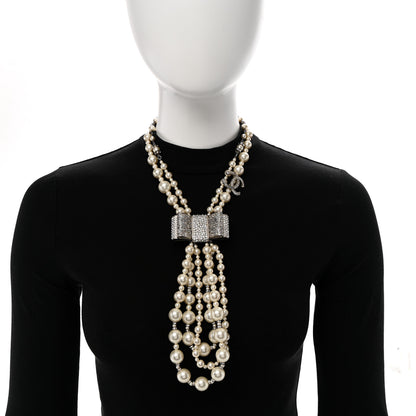 Chanel Pearl Crystal CC Bow Lavalier Necklace Silver 2 of 6