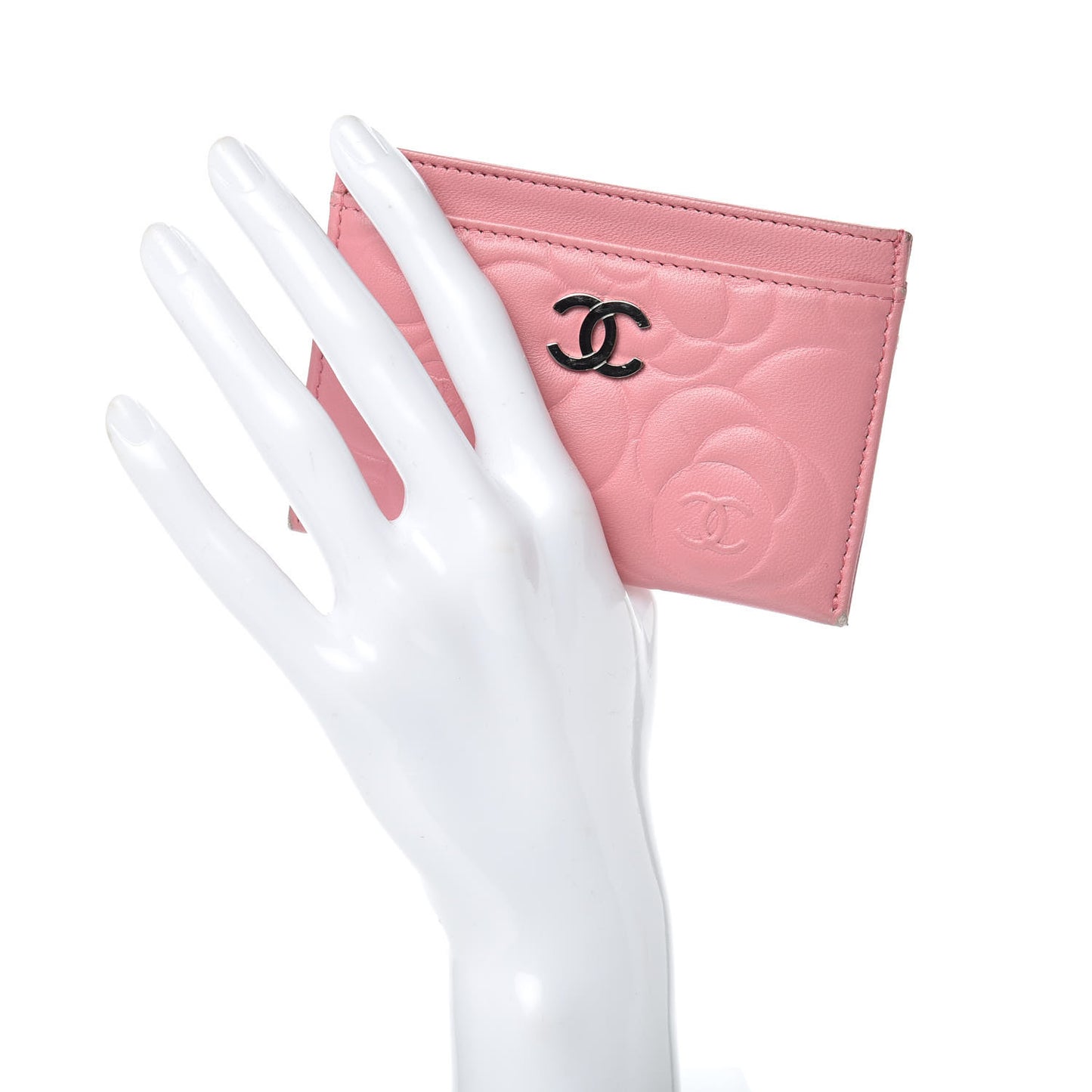 Lambskin Camellia Embossed Card Holder Pink