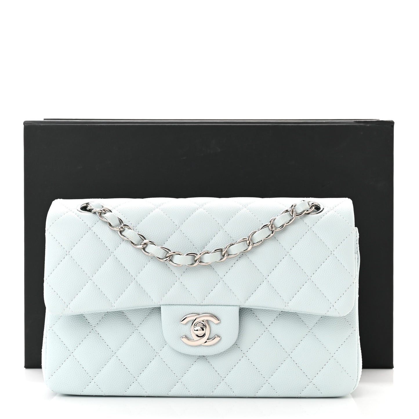Caviar Quilted Small Double Flap Light Blue