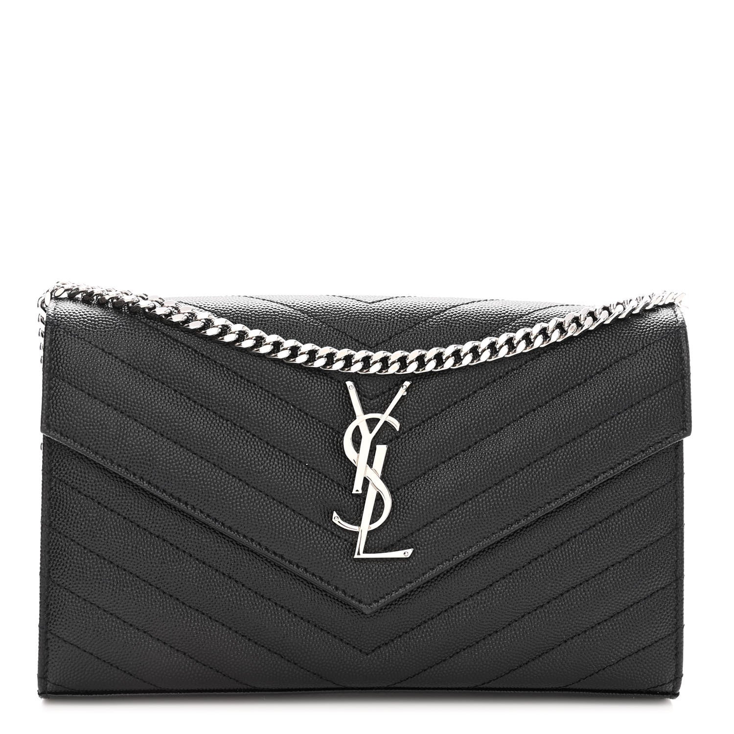 Saint Laurent Grain De Poudre Matelasse Chevron Monogram Chain Wallet Black 1 of 9