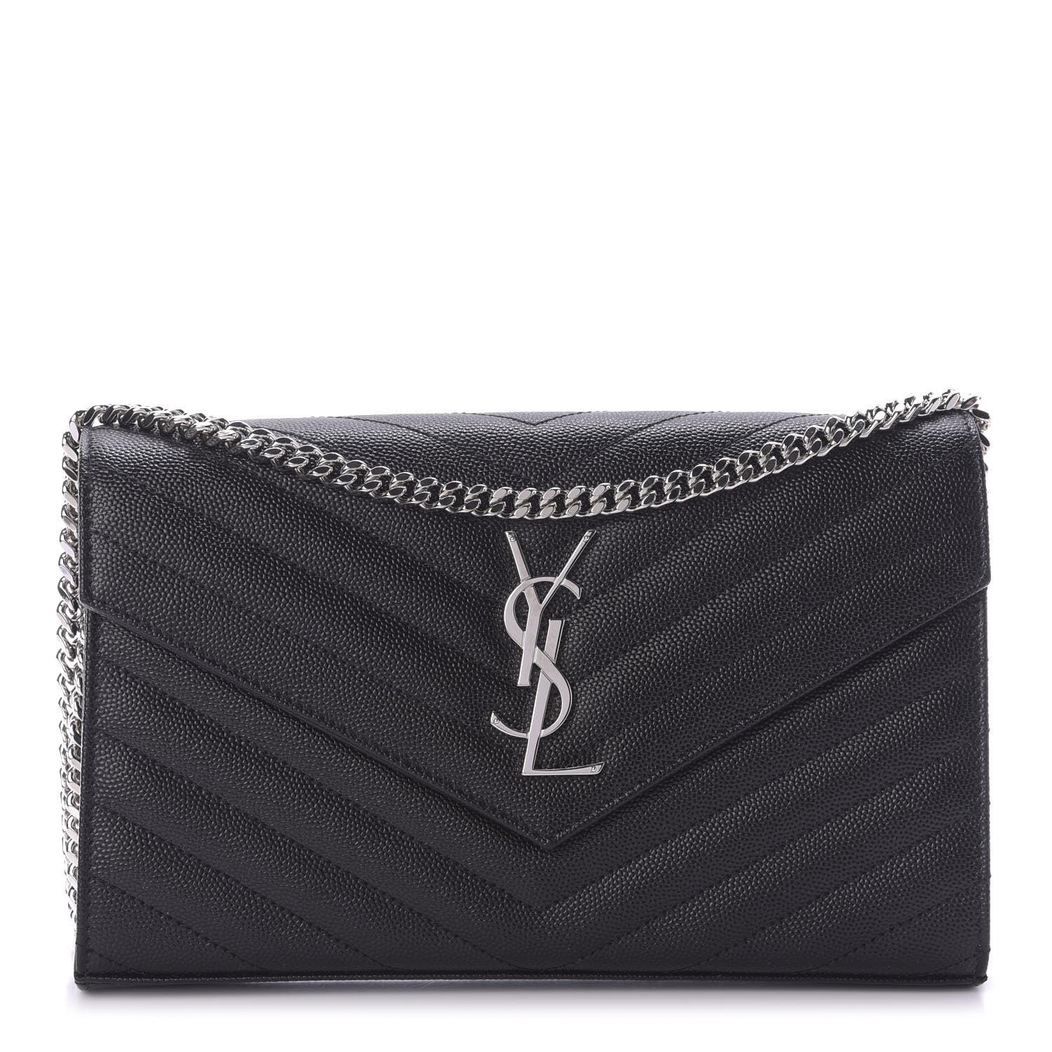 Saint Laurent Grain De Poudre Matelasse Chevron Monogram Chain Wallet Black 1 of 9