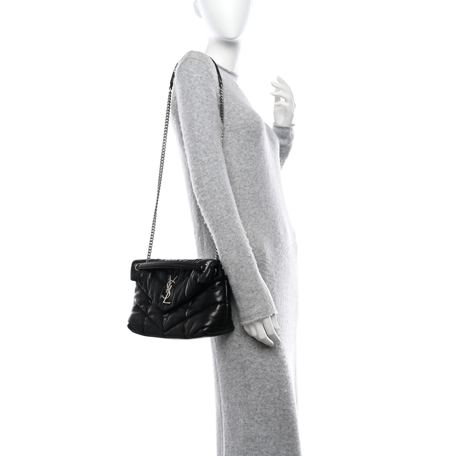 Saint Laurent SAINT LAURENT Lambskin Quilted Small Loulou Puffer Monogram Chain Satchel Black 2 of 9