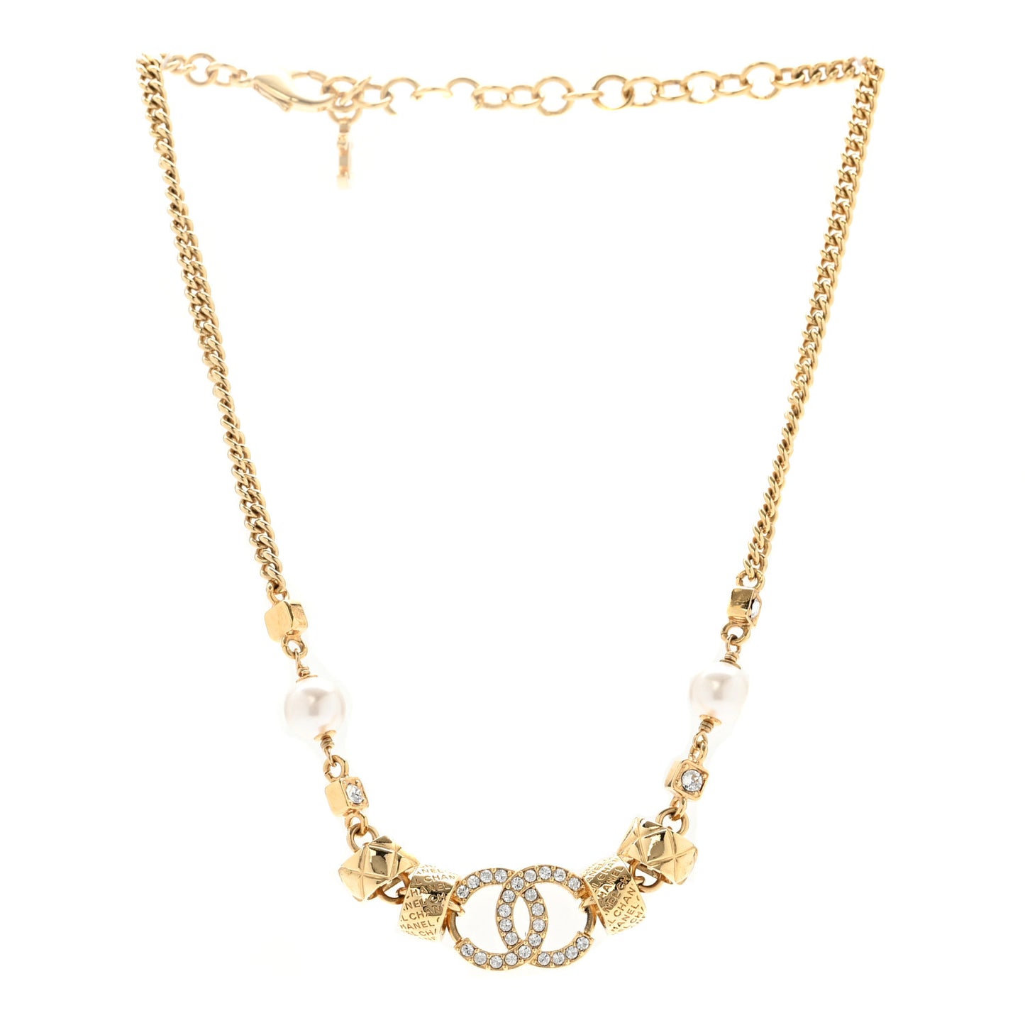 Pearl Crystal CC Quilted Choker Necklace Gold