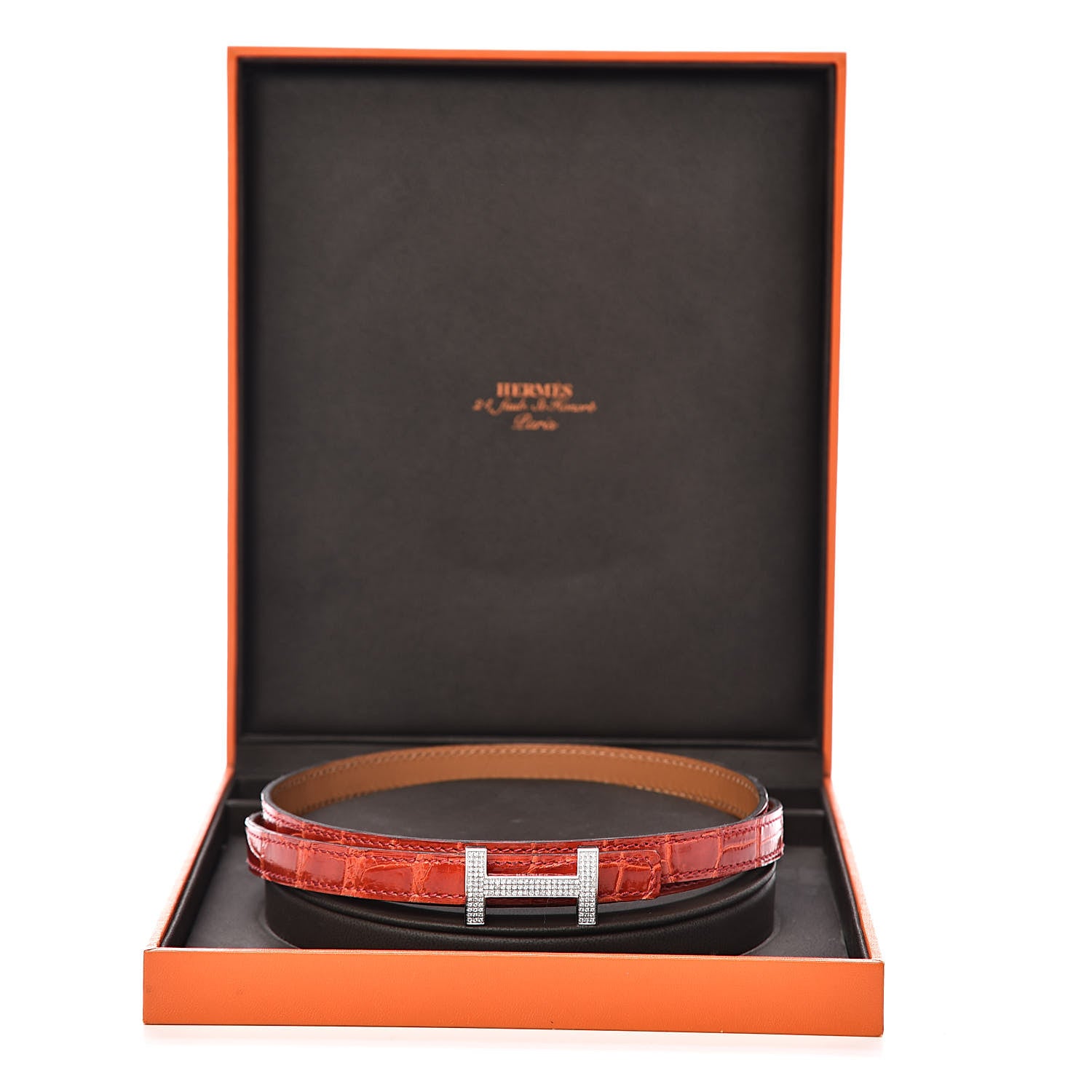 Hermes 18K White Gold Diamond Porosus Crocodile 13mm Focus Belt 85 Geranium 10 of 10