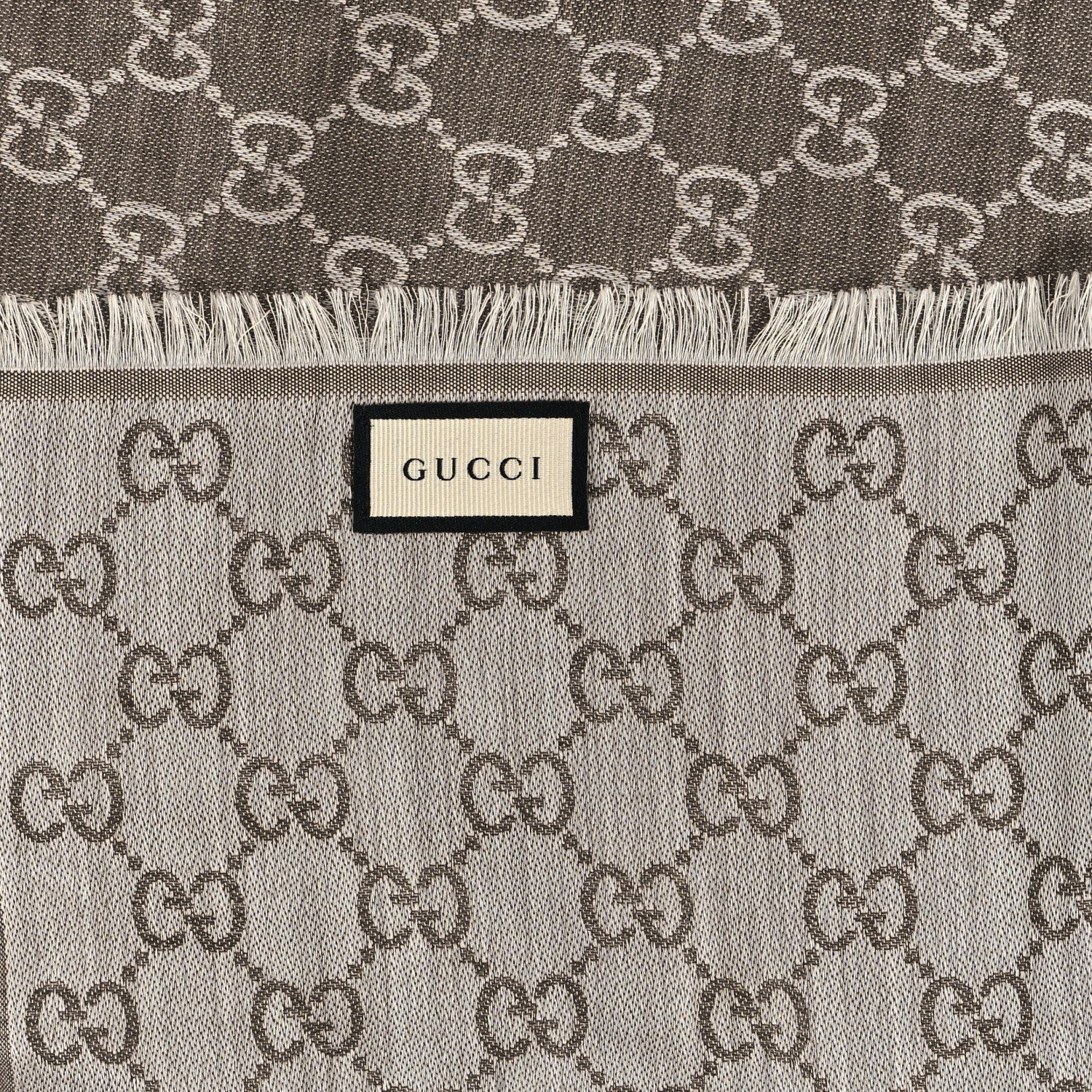 Gucci Wool Silk Monogram GGWeb Fringe Shawl Bitume Ivory 2 of 3