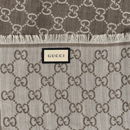 Gucci Wool Silk Monogram GGWeb Fringe Shawl Bitume Ivory 2 of 3