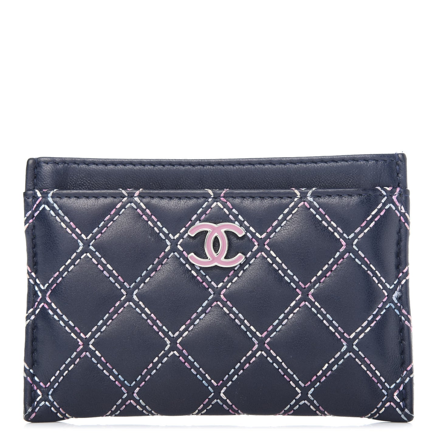Lambskin Double Stitch Quilted Card Holder Navy Blue
