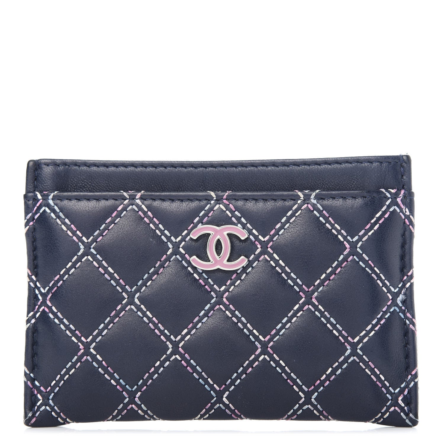 Chanel Lambskin Double Stitch Quilted Card Holder Navy Blue 1 of 7