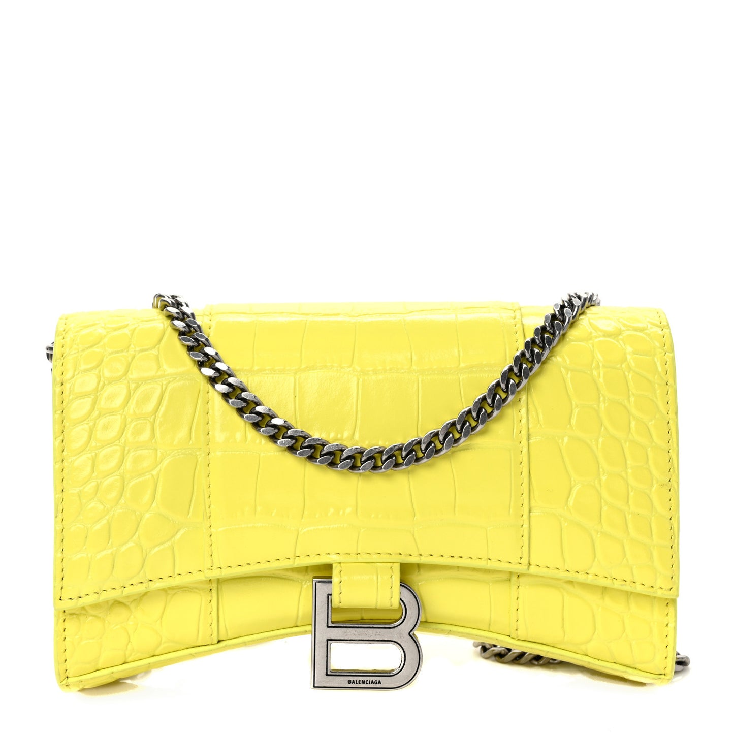 Shiny Calfskin Crocodile Embossed Hourglass Chain Bag Light Yellow
