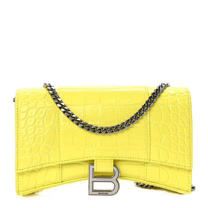 Balenciaga Shiny Calfskin Crocodile Embossed Hourglass Chain Bag Light Yellow 1 of 9