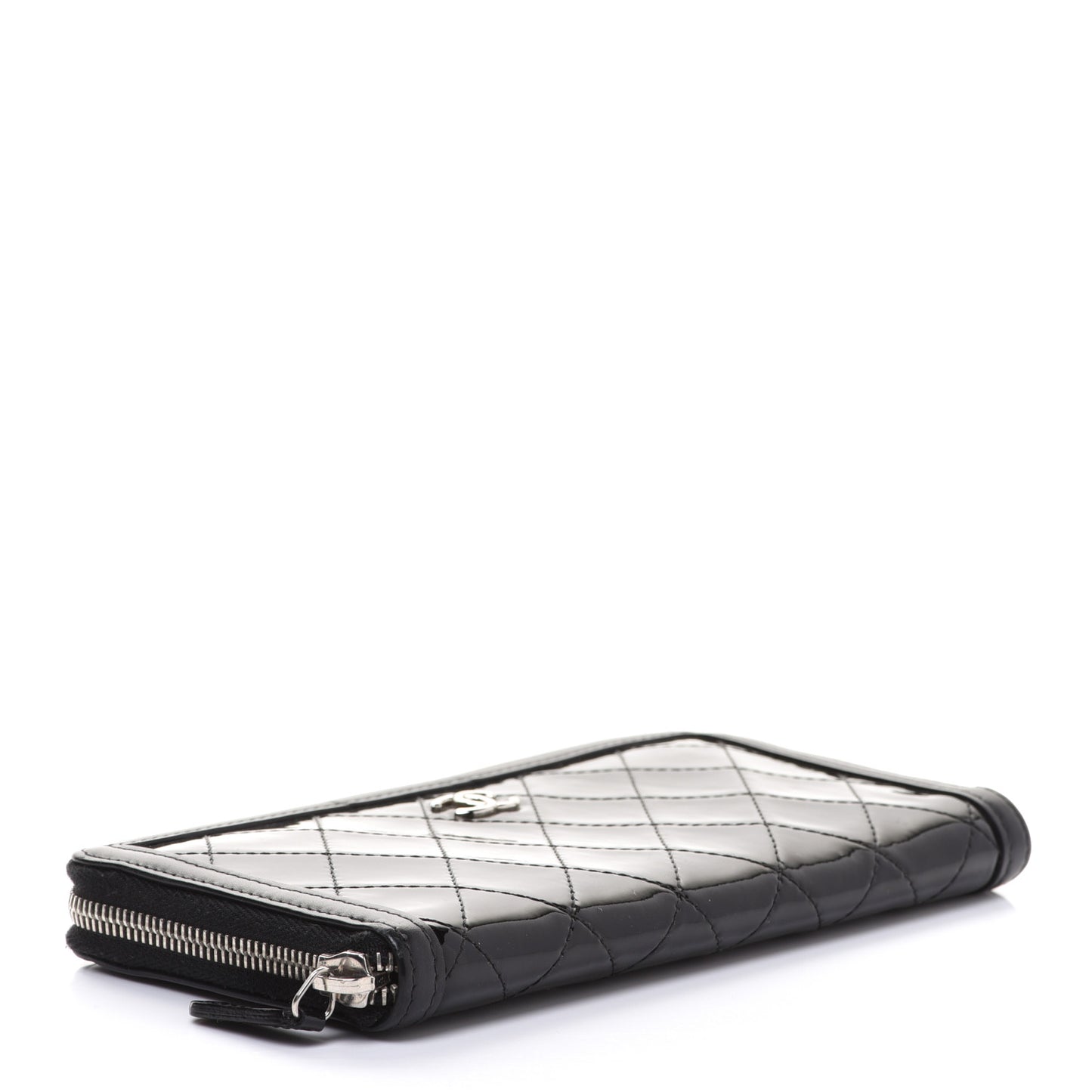Patent Lambskin Quilted Zip Around Wallet Black