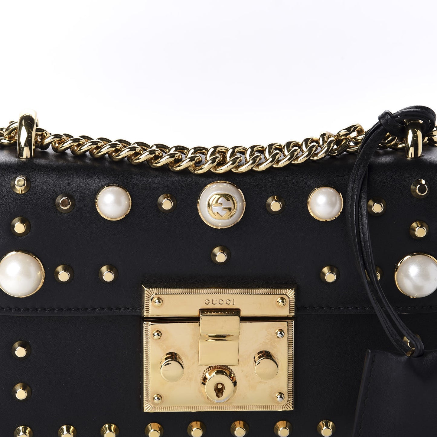 Calfskin Studded Small Padlock Shoulder Bag Black