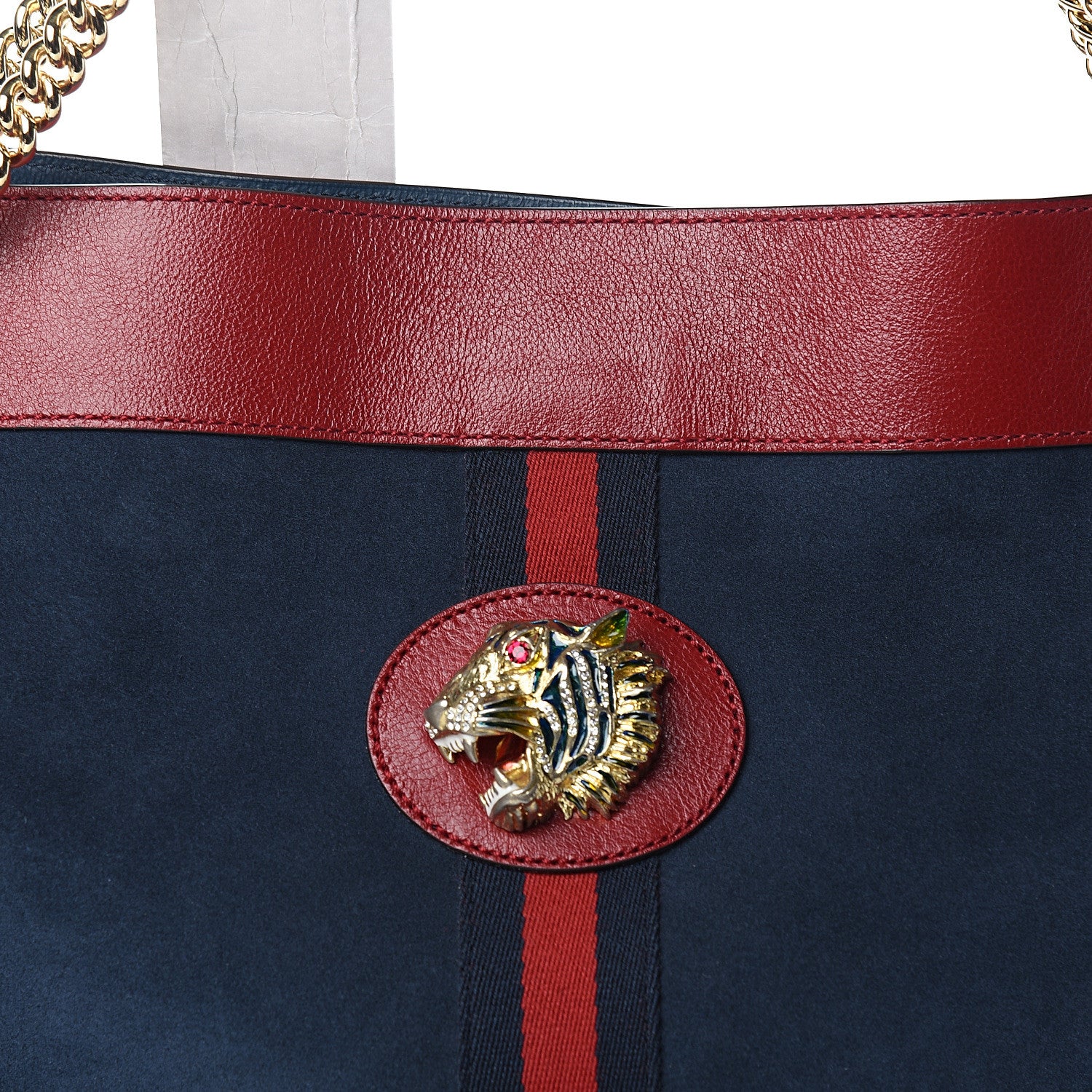 Gucci Suede Calfskin Large Rajah Chain Tote New Blue Romantic Cherry 9 of 9