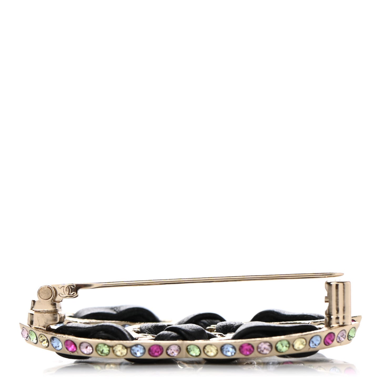 Lambskin Crystal CC Chain Brooch Black Gold Multicolor